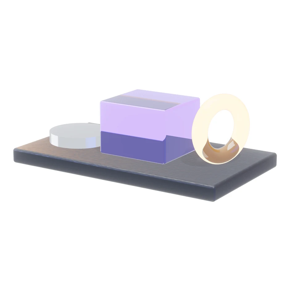 Abstract render: a disc, a violet slab and an amber ring resting on one tray