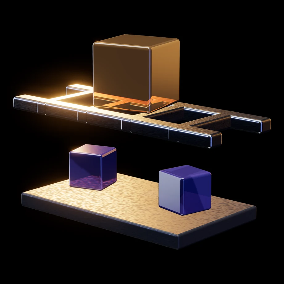 Abstract render: a grate with two blocks passed below it and one larger block stopped on top
