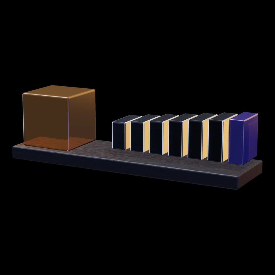 Abstract render: one solid block beside a long run of repeating plates