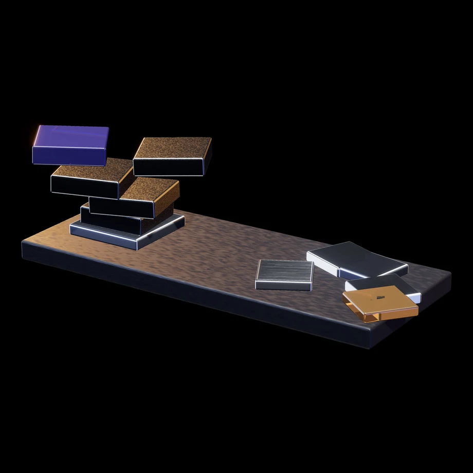 Abstract render: a leaning stack of plates on one small pad beside a scatter of loose plates
