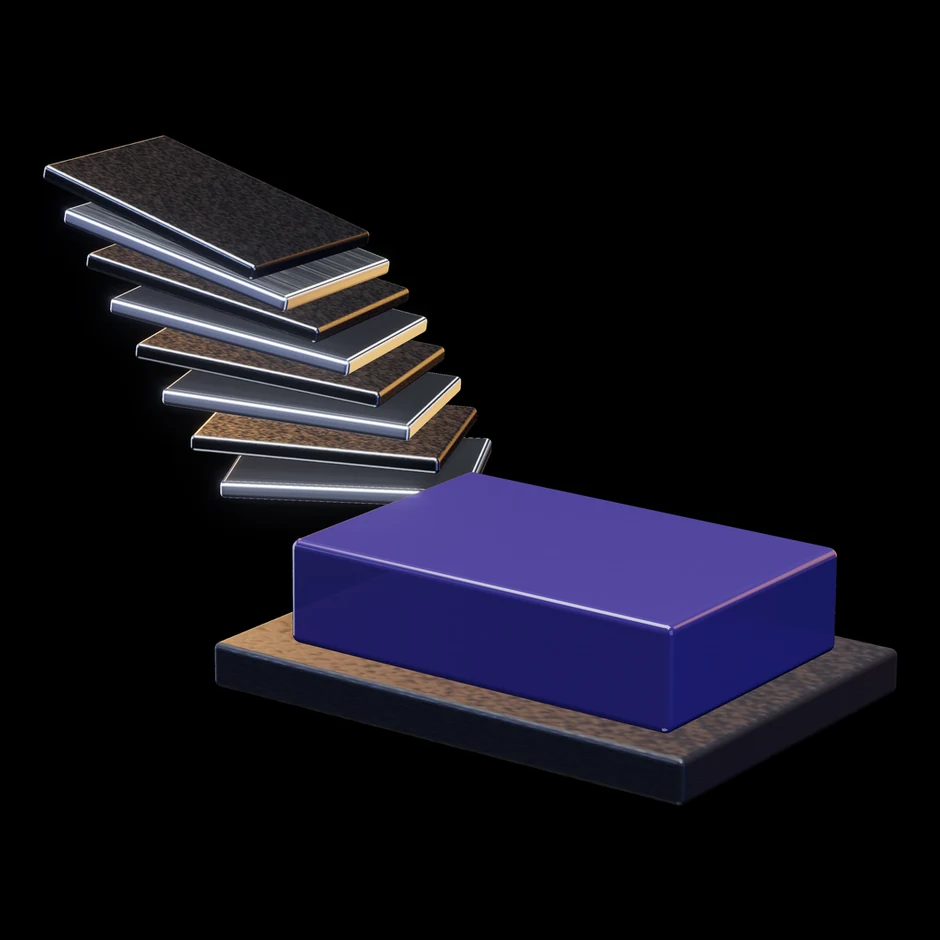 Abstract render: a fan of thin plates descending into a single thick slab