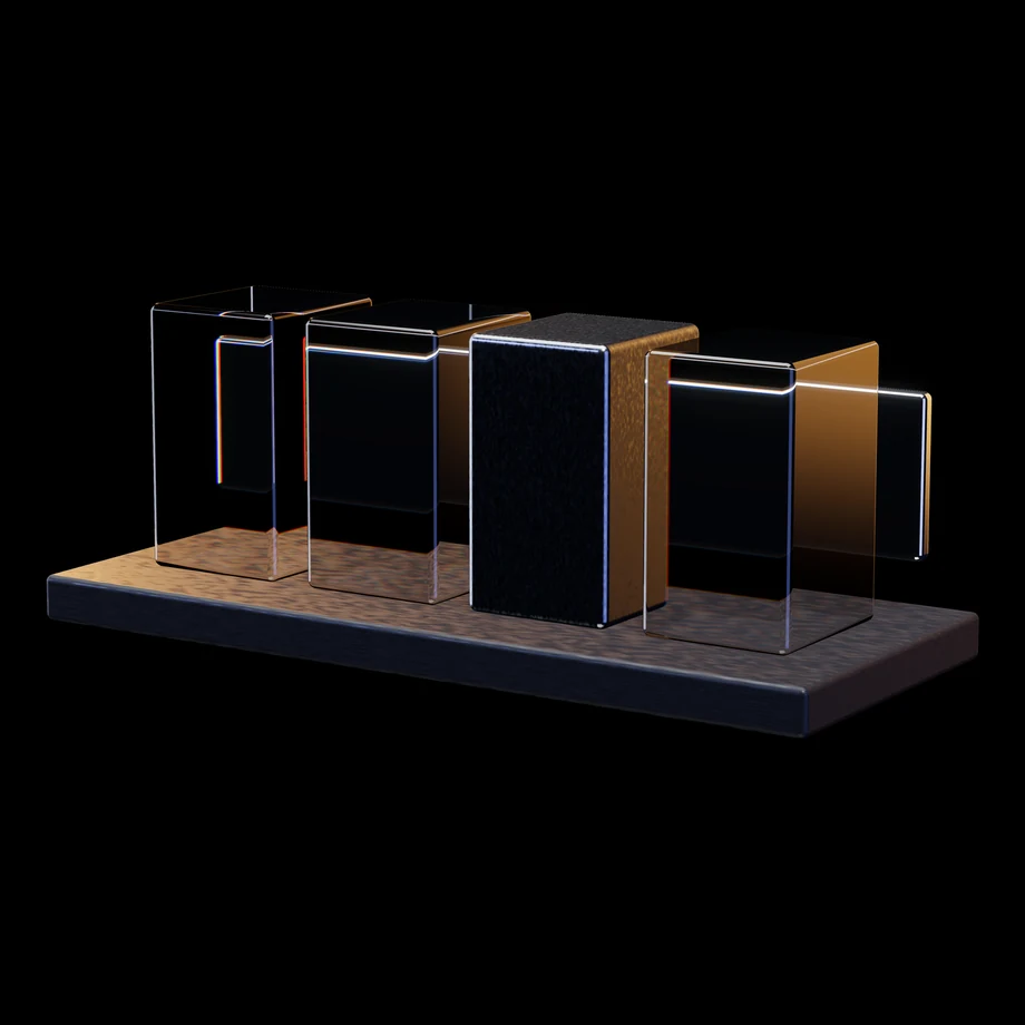 Abstract render: a row of clear glass blocks with one of them deliberately opaque