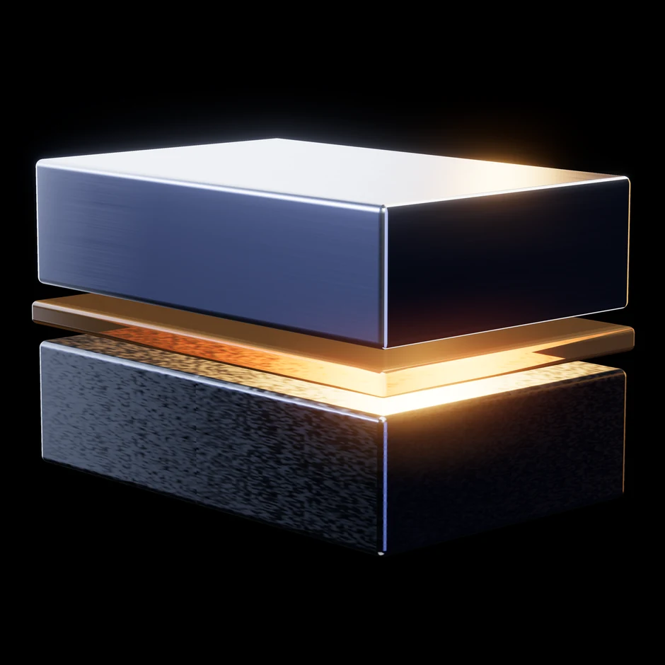 Abstract render: two metal slabs with a single narrow glowing gap between them
