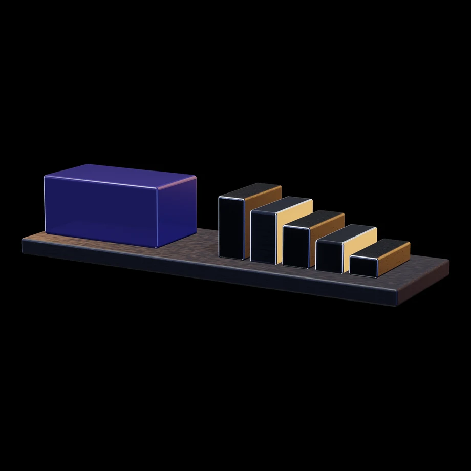 Abstract render: one solid block beside the same volume broken into descending steps