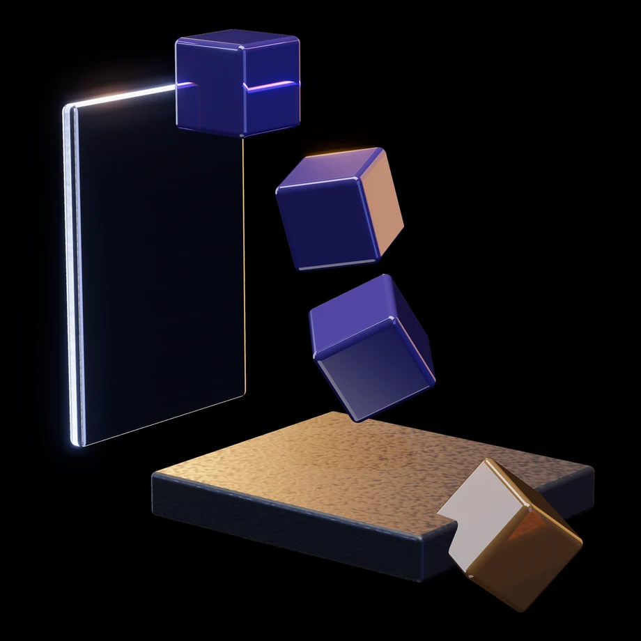 Abstract render: a thin upright plate with cubes falling past it, the last landing off the base