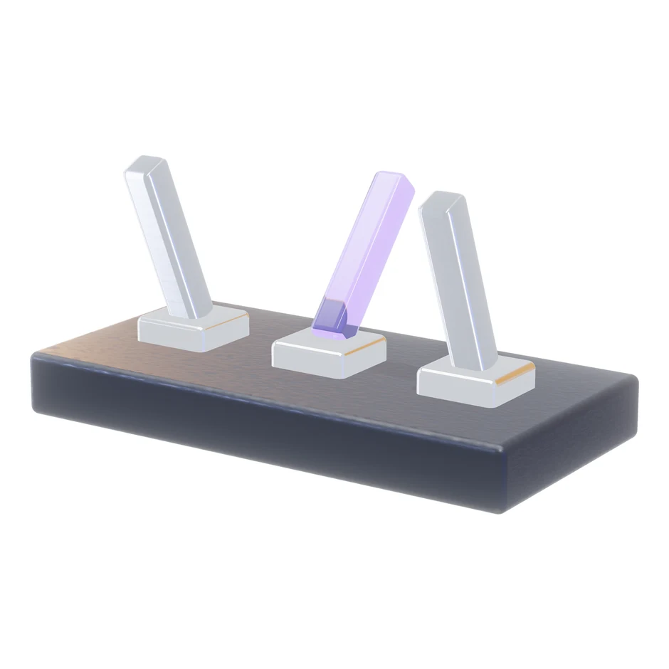 Abstract render: three levers on a panel, the middle one thrown the other way