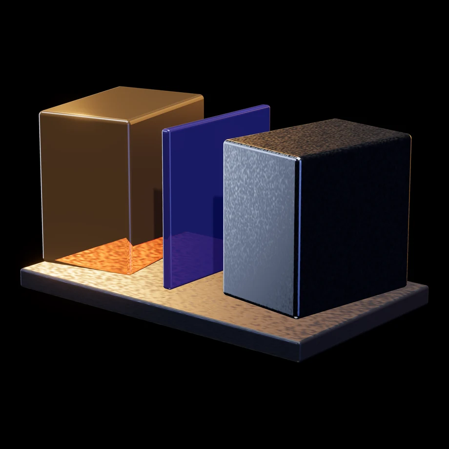 Abstract render: one form cut in two, an amber half and a metal half with a violet seam between