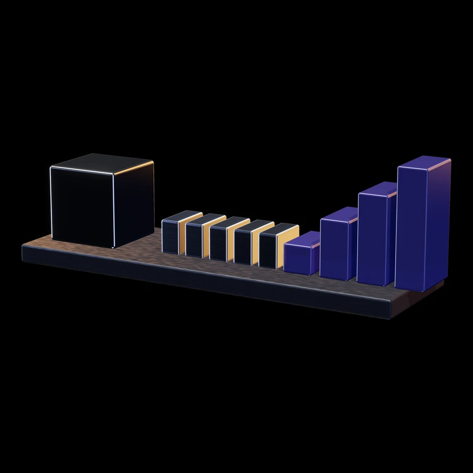 Abstract render: a single cube, a row of identical blocks and a rising staircase